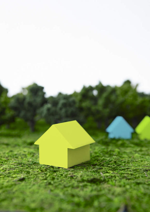无人,竖图,室外,特写,白天,正面,草地,草坪,植物,朦胧,模糊,立体,空间,草,黄色,蓝色,绿色,天空,模型,天,规划,直观,建筑模型,建筑设计,设计,彩图,房子