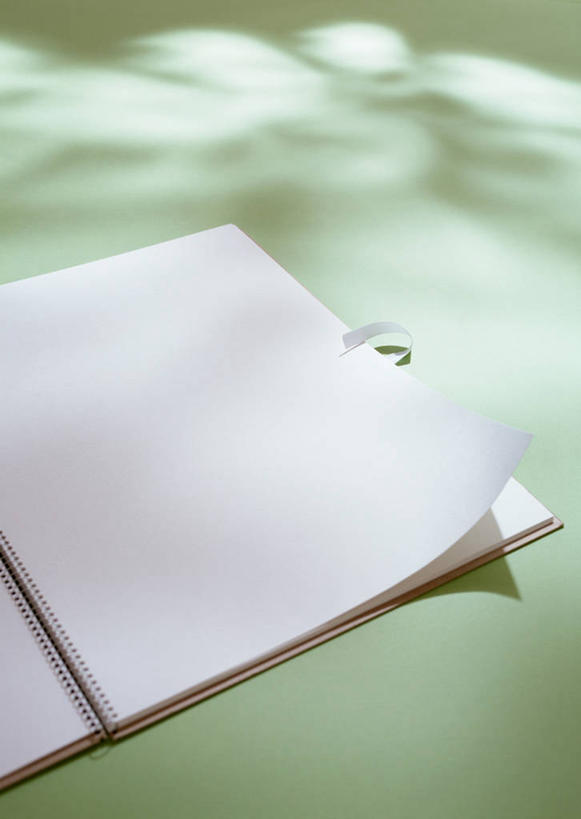 无人,竖图,俯视,室内,特写,白天,静物,一本,绿色背景,阴影,反射,影子,办公用品,文具,白色,本子,学习用品,打开,摄影,影棚,文具用品,开启,空白,彩图,高角度拍摄,影棚拍摄,拍摄,速写本