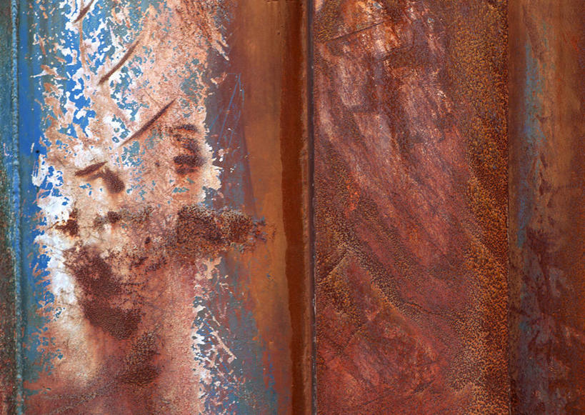 无人,横图,室外,特写,白天,正面,建材,建筑,静物,生锈,钢材,纹路,金属,材料,纹理,墙,墙壁,墙面,蓝色,建造,钢板,腐蚀,侵蚀,肌理,腐化,锈迹斑斑,彩图