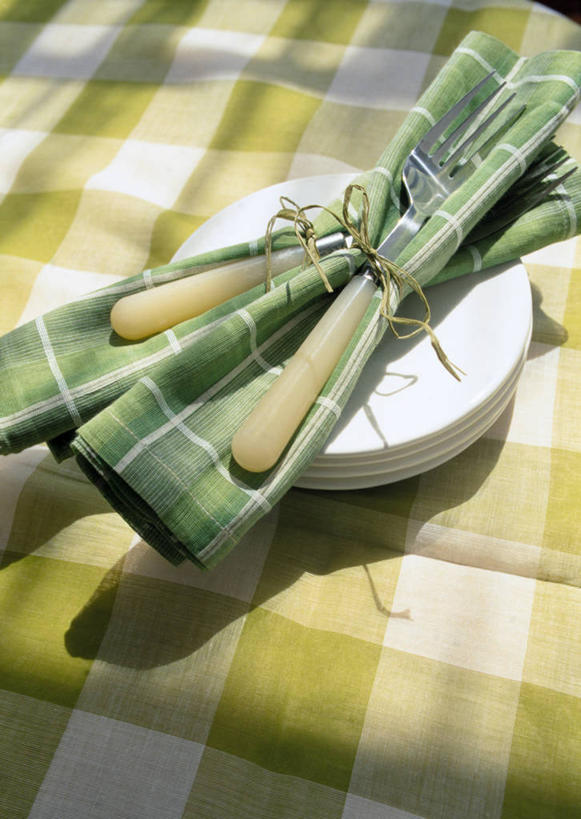 无人,竖图,俯视,室内,特写,白天,餐桌,桌子,餐具,阴影,反射,布料,叉子,刀叉,刀子,方格,格子,影子,布纹,桌布,餐巾,台布,餐台,餐刀,餐叉,进餐用具,彩图,高角度拍摄