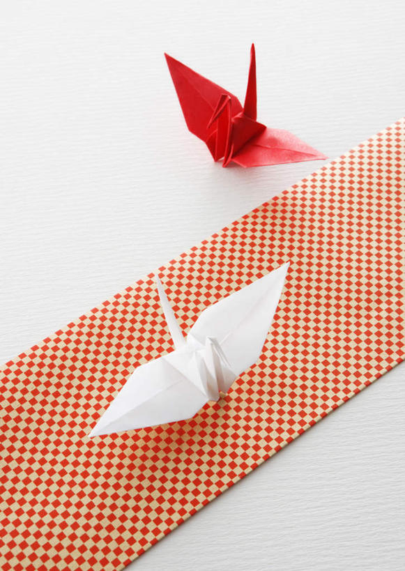 无人,竖图,俯视,室内,特写,白天,白色背景,静物,阴影,艺术,反射,方格,格子,影子,折纸,纸,纸艺,手工艺品,千纸鹤,文化,两个,红色,白色,纸鹤,纸制品,工艺品,垫子,摄影,影棚,高雅,工艺折纸,自信心,品位,彩图,高角度拍摄,影棚拍摄,拍摄