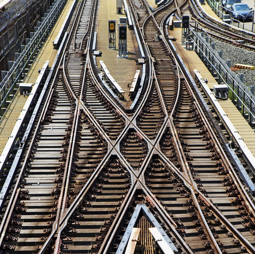 无人,交叉,横图,俯视,室外,白天,路,铁路,曲折,弯曲,轨道,交通,铁轨,运输,蜿蜒,相交,交集,彩图,高角度拍摄