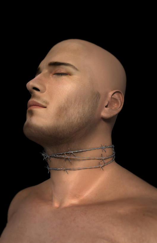 脸,头,脸颊,喉咙,秃头,一个人,无人,站,闭眼,竖图,插画,室内,特写,白天,正面,数码,科技,金属制品,仅一个男性,仅一个人,阴影,黑色背景,网络,金属,高光,几何,计算机图形,合成,图画,裸露,画,仅一个年轻男性,铁丝,站着,赤裸,捆绑,电脑合成图,数码合成图,金属丝,裸,漫画,写实,具体,具象,绑缚,男人,男性,年轻男性,头部,光头,无发,脸部,脸蛋,面部,闭眼睛,闭着眼,闭着眼睛,站立,半身,彩图