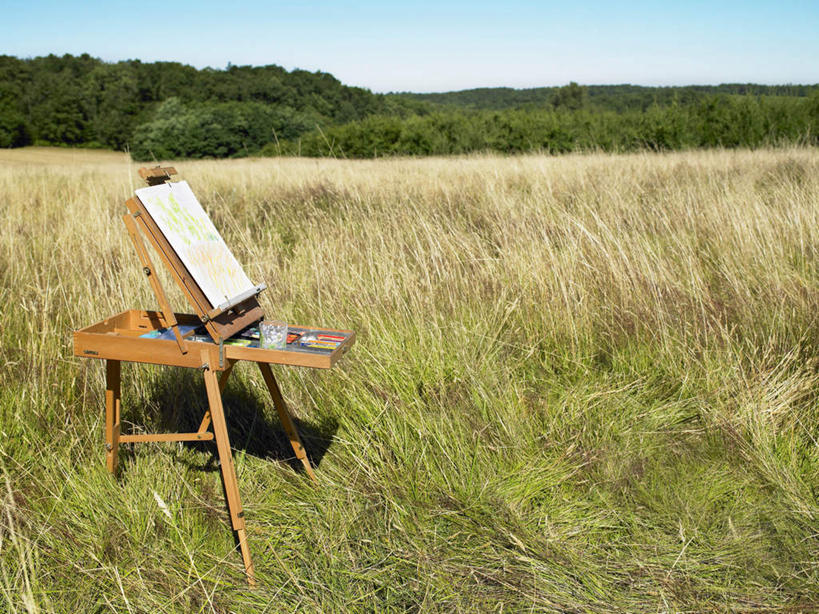 无人,横图,室外,白天,正面,绘画,草地,草坪,树林,植物,阴影,艺术,光线,影子,画板,美术用品,草,树,树木,蓝色,绿色,蓝天,天空,阳光,自然,天,生长,晴朗,成长,美术,绘画工具,万里无云,晴空,晴空万里,彩图