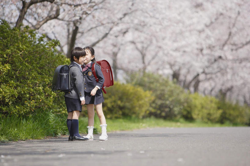 东方人,儿童,两个人,伙伴,朋友,站,笑,微笑,露齿笑,横图,室外,白天,侧面,制服,友谊,草地,草坪,植物,道路,路,公路,亚洲,阴影,服装,光线,包,书包,影子,云,云朵,交通,云彩,注视,黄种人,草,树,树木,小孩,蓝色,绿色,白云,蓝天,天空,阳光,自然,背包,天,观察,看,站着,同学,校服,生长,成长,观看,靠近,察看,凑近,关注,聚拢,私语,耳语,学生服,挨近,接近,靠拢,友情,男孩,男人,男性,女孩,女人,女性,亚洲人,马路,站立,彩图,全身,双肩包,男生,女生