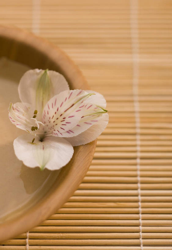 无人,竖图,俯视,室内,特写,白天,六出花,餐具,竹制,朦胧,模糊,盛开,木制,碟子,盘,席子,花蕾,花,花瓣,花朵,鲜花,一朵,盘子,木制品,碟,花苞,花蕊,竹制品,水仙百合,秘鲁百合,彩图,高角度拍摄