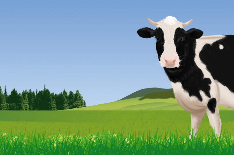 头,无人,农场,横图,插画,室内,白天,正面,数码,科技,草地,草坪,植物,牛,一头,阴影,网络,大片,高光,几何,计算机图形,合成,图画,画,草,树,树木,蓝色,绿色,蓝天,天空,自然,动物,天,家畜,牲畜,生长,成长,电脑合成图,数码合成图,漫画,牛角,写实,具体,具象,母牛,奶牛,半身,彩图