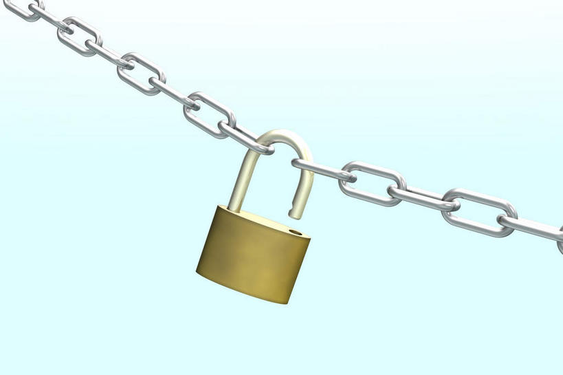 无人,横图,室内,特写,白天,正面,安全,数码,科技,金属制品,阴影,蓝色背景,网络,金属,防护,高光,几何,计算机图形,合成,锁,打开,链子,保护,锁链,电脑合成图,数码合成图,开启,保险,私密,写实,具体,具象,保全,周全,安稳,安定,防盗,平安,彩图