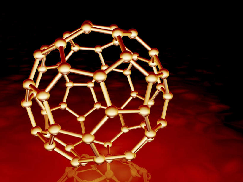 无人,横图,室内,特写,白天,正面,数码,分子,科技,阴影,红色背景,发光,网络,化学,高光,几何,计算机图形,合成,球,红色,模型,球体,电脑合成图,数码合成图,原子,物理,粒子,写实,具体,具象,布基球,富勒烯,足球烯,模子,彩图