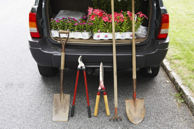 无人,横图,俯视,室外,白天,草地,草坪,植物,道路,路,公路,汽车,叶子,五个,一排,整齐,盛开,铲子,工具,园艺,交通,花蕾,车,草,花,花瓣,花朵,鲜花,排列,绿色,后备箱,交通工具,轿车,花束,花苞,花蕊,钉耙,队列,园艺剪,园艺剪刀,马路,彩图,高角度拍摄