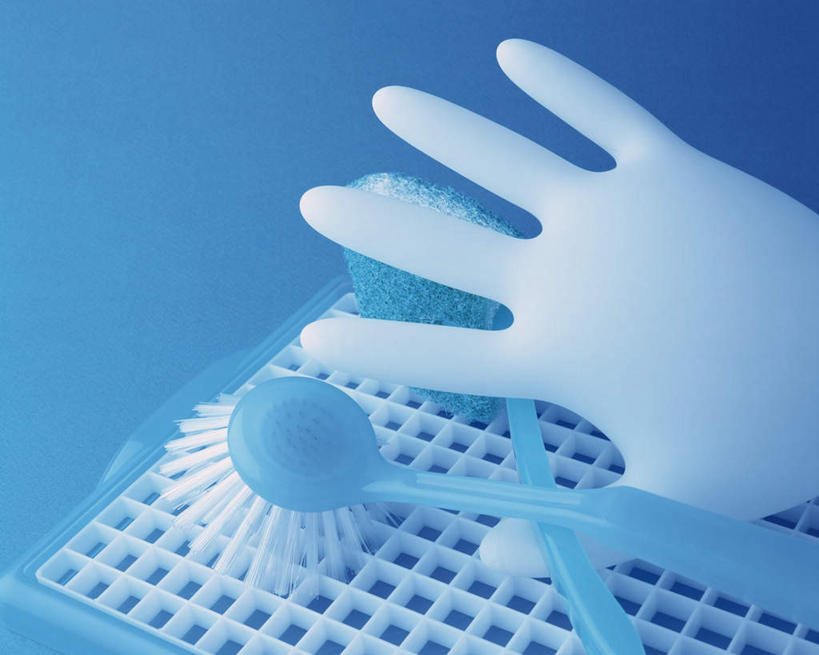 无人,横图,俯视,室内,特写,白天,静物,蓝色背景,网,塑胶,一个,白色,手套,刷子,摄影,影棚,单个,橡胶手套,彩图,高角度拍摄,影棚拍摄,拍摄