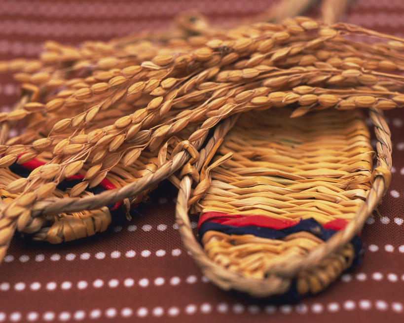 无人,横图,俯视,室内,特写,白天,凉鞋,农作物,餐桌,桌面,桌子,静物,鞋子,一堆,一双,许多,堆叠,堆积,斑点,谷物,稻穗,水稻,稻,草鞋,餐台,堆,彩图,高角度拍摄,夹趾拖鞋,人字拖,人字拖鞋