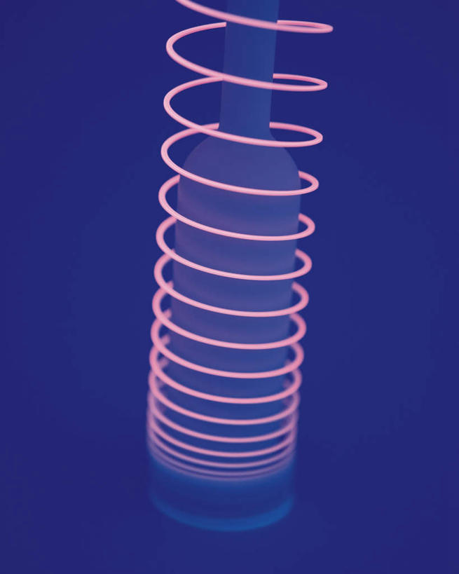 无人,竖图,室内,特写,白天,正面,零件,数码,科技,静物,阴影,蓝色背景,朦胧,模糊,网络,弹簧,工具,高光,几何,计算机图形,合成,玻璃制品,酒瓶,一个,玻璃瓶,瓶子,工业,机械工程,电脑合成图,数码合成图,工程,写实,具体,具象,彩图