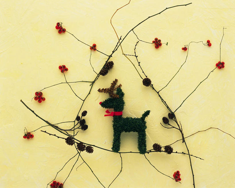 无人,横图,俯视,室内,白天,桌面,桌子,鹿,樱桃,静物,叶子,圣诞节,黄色背景,节日,庆祝,绿叶,藤,文化,一个,庆典,嫩叶,摄影,影棚,单个,纪念,角鹿,叶,叶片,驯鹿,樱珠,莺桃,英桃,楔桃,牛桃,荆桃,彩图,高角度拍摄,影棚拍摄,拍摄