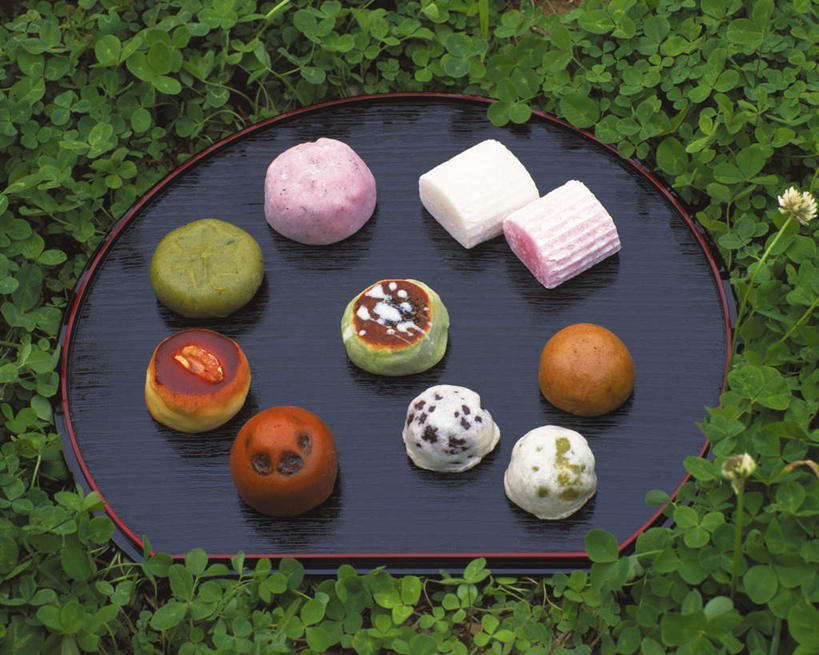 点心,无人,横图,俯视,室外,特写,白天,叶子,托盘,一排,许多,整齐,和果子,日本料理,料理,食品,甜点,甜品,绿叶,美食,食物,糕点,排列,日式料理,甜食,日式,嫩叶,队列,叶,叶片,彩图,高角度拍摄