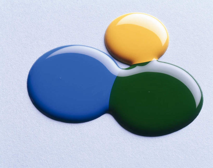 无人,横图,俯视,室内,特写,白天,白色背景,连接,阴影,花纹,条纹,艺术,光线,空间,纹路,液体,影子,斑点,圆圈,三滴,画,黄色,蓝色,绿色,阳光,摄影,影棚,颜料,涂料,水彩,创作,融合,想象,彩图,高角度拍摄,影棚拍摄,拍摄