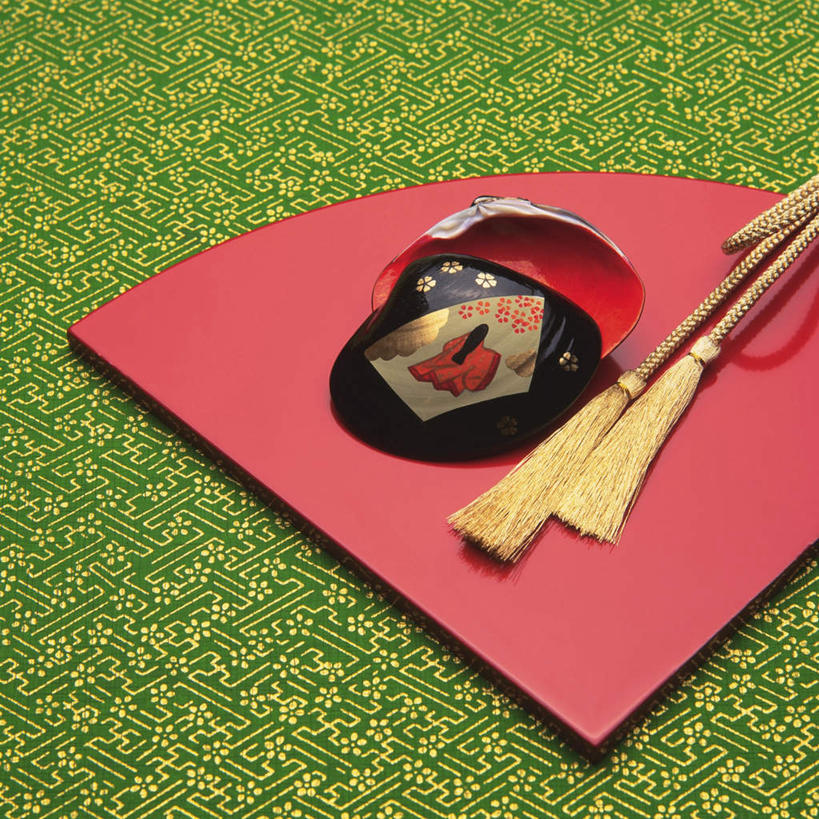 无人,方图,俯视,室内,特写,白天,桌面,贝壳,一根,一块,绿色背景,阴影,花纹,反射,图案,影子,文化,一个,黄色,红色,黑色,线绳,扇形,单个,山形,贝类外壳,海螺壳,软体动物外壳,彩图,高角度拍摄,传统文化