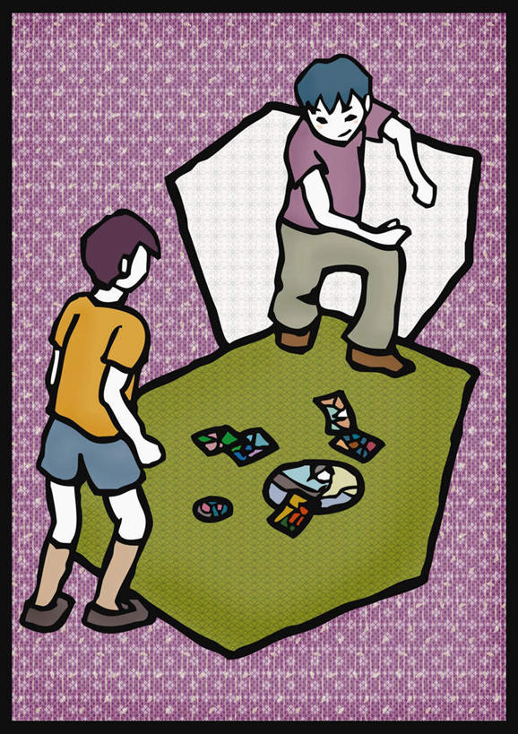 东方人,儿童,无人,两个人,伙伴,朋友,站,举,竖图,俯视,插画,室内,白天,游戏,友谊,数码,科技,纸牌,玩具,亚洲,一堆,许多,阴影,堆叠,堆积,服装,网络,人头,高光,几何,计算机图形,玩,合成,图画,注视,休闲装,黄种人,娱乐,画像,画,小孩,衣服,看,托,站着,休闲,休闲服,益智,服饰,观看,活动,堆,电脑合成图,数码合成图,发泄,关注,消遣,智力,漫画,写实,具体,具象,宣泄,友情,男孩,男人,男性,亚洲人,举着,玩耍,嬉戏,向上举,向上伸,向上托,站立,彩图,高角度拍摄,全身,男生