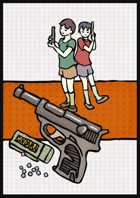 东方人,儿童,无人,两个人,伙伴,朋友,站,举,竖图,插画,室内,白天,正面,游戏,友谊,纯洁,安全,数码,科技,石头,玩具,亚洲,握,阴影,服装,网络,枪,石子,三把,高光,几何,计算机图形,拿,玩,合成,图画,拿着,依靠,注视,休闲装,黄种人,娱乐,画,小孩,衣服,观察,看,托,倚靠,站着,背靠背,休闲,休闲服,可爱,童年,童趣,益智,背对背,握着,服饰,观看,活动,子弹,电脑合成图,数码合成图,察看,玩具枪,发泄,关注,消遣,智力,漫画,童真,烂漫,无邪,写实,具体,具象,宣泄,天真,信任,友情,男孩,男人,男性,亚洲人,石块,举着,玩耍,嬉戏,向上举,向上伸,向上托,站立,彩图,全身,男生