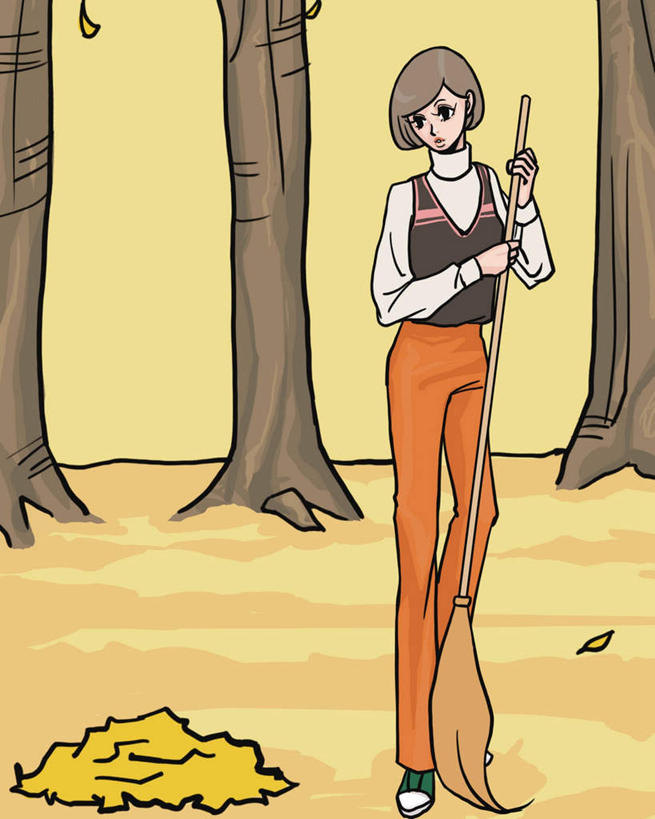 东方人,一个人,无人,站,竖图,插画,室内,白天,正面,数码,科技,秋季,植物,叶子,亚洲,仅一个年轻女性,仅一个女性,仅一个人,阴影,服装,网络,枯叶,落叶,高光,几何,计算机图形,合成,图画,注视,休闲装,黄种人,画,树,树木,衣服,绿色,自然,观察,看,站着,休闲,休闲服,服饰,生长,成长,观看,电脑合成图,数码合成图,察看,关注,漫画,扫地,写实,具体,具象,年轻女性,女人,女性,亚洲人,叶,叶片,秋,秋天,站立,彩图,全身