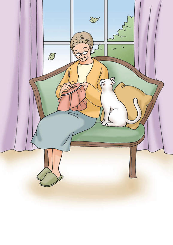 西方人,一个人,无人,坐,竖图,插画,室内,白天,白色背景,正面,数码,科技,窗户,窗帘,靠垫,沙发,宠物,猫,叶子,欧洲,欧洲人,仅一个女性,仅一个人,握,阴影,服装,网络,绿叶,靠枕,高光,几何,计算机图形,拿,合成,图画,拿着,注视,休闲装,绣花,玻璃窗,画,一只,衣服,动物,垫子,枕头,观察,看,休闲,休闲服,嫩叶,可爱,握着,服饰,仅一个老年女性,观看,电脑合成图,数码合成图,察看,关注,猫咪,漫画,布艺沙发,写实,具体,具象,老年女性,女人,女性,白种人,叶,叶片,坐着,彩图,全身