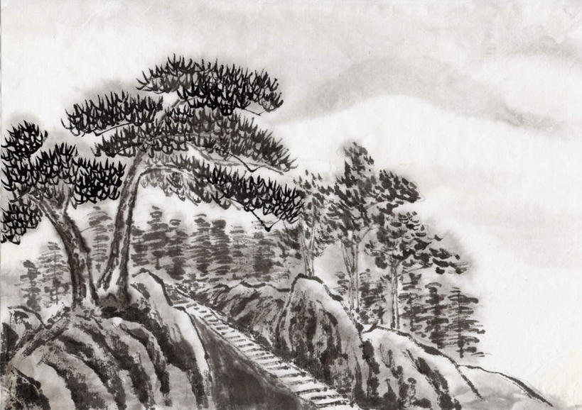 无人,横图,黑白,室内,白天,正面,绘画,美景,山,树林,植物,楼梯,许多,艺术,阶梯,景观,山峰,山峦,古典,文化,台阶,树,树木,绿色,自然,工艺品,品味,景色,生长,成长,美术,高雅,自然风光,国画,水墨画,美学,水墨