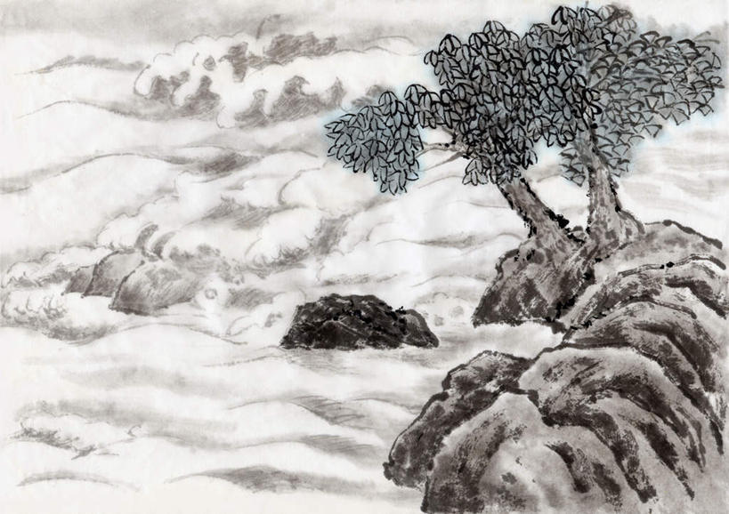 无人,横图,室内,白天,正面,绘画,石头,美景,山,树林,植物,许多,艺术,石子,景观,山峰,山峦,古典,文化,树,树木,绿色,自然,工艺品,品味,景色,生长,成长,美术,高雅,自然风光,国画,水墨画,美学,水墨,石块,岩石,彩图