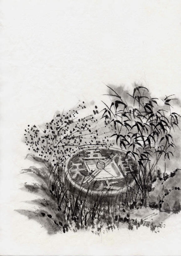 无人,竖图,黑白,室内,白天,正面,绘画,草地,美景,植物,艺术,水井,景观,古典,文化,水勺,草,绿色,自然,工艺品,品味,景色,美术,高雅,自然风光,国画,水墨画,美学,水墨