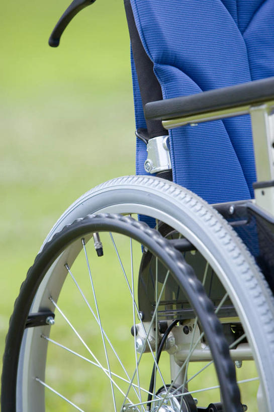 无人,竖图,室外,特写,白天,正面,草地,草坪,植物,一辆,工具,坐垫,草,蓝色,绿色,轮椅,垫子,器械,医疗器械,辅助设备,软垫,彩图