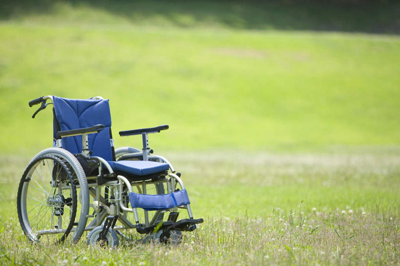 无人,横图,室外,特写,白天,正面,草地,草坪,植物,一辆,工具,坐垫,草,蓝色,绿色,轮椅,垫子,器械,医疗器械,辅助设备,软垫,彩图