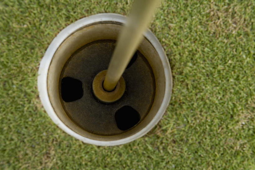 无人,横图,俯视,室外,特写,白天,锻炼,运动,旗杆,球洞,球场,高尔夫球场,一个,单个,绿茵场,体育,彩图,高角度拍摄,健身