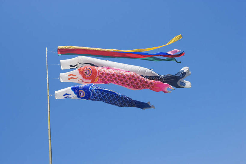 无人,横图,室外,白天,仰视,旅游,度假,鲤鱼,旗帜,一排,吊挂,悬挂,形状,节日,漂浮,庆祝,整齐,鱼,挂,文化,娱乐,旗子,鱼类,排列,红色,蓝色,蓝天,天空,天,庆典,享受,休闲,放松,纪念,儿童节,队列,旌旗,旗号,彩图,低角度拍摄