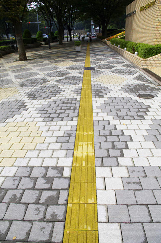 无人,竖图,俯视,室外,白天,植物,东京,日本,一条,地砖,人行道,地面,新宿,树,树木,黄色,绿色,白色,灰色,自然,生长,成长,东亚,本州,关东地方,本州岛,日本国,东京都,新宿区,县厅,东京市,盲人道,彩图,高角度拍摄