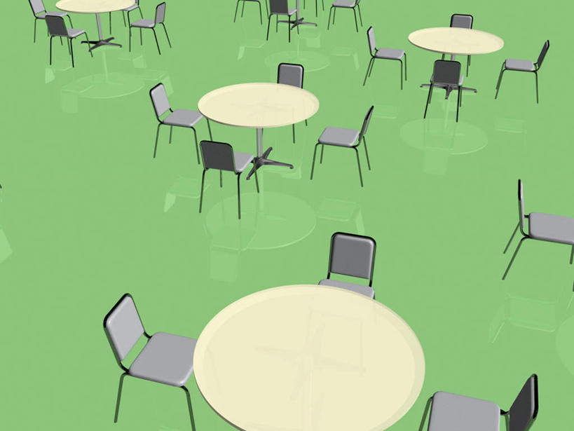 无人,餐厅,横图,俯视,室内,白天,数码,科技,餐桌,桌子,椅子,一排,许多,绿色背景,阴影,整齐,网络,木椅,四张,高光,几何,计算机图形,合成,排列,餐台,电脑合成图,数码合成图,队列,写实,具体,具象,彩图,高角度拍摄,餐馆,饭店,饭馆