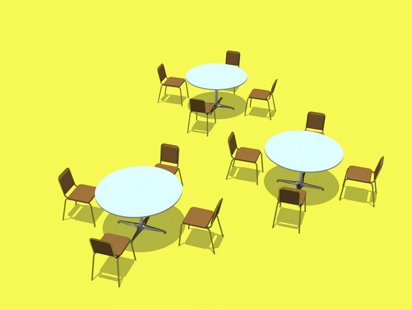 无人,餐厅,横图,俯视,室内,白天,数码,科技,餐桌,桌子,椅子,一排,许多,阴影,黄色背景,整齐,网络,木椅,三张,高光,几何,计算机图形,合成,排列,餐台,电脑合成图,数码合成图,队列,写实,具体,具象,彩图,高角度拍摄,餐馆,饭店,饭馆