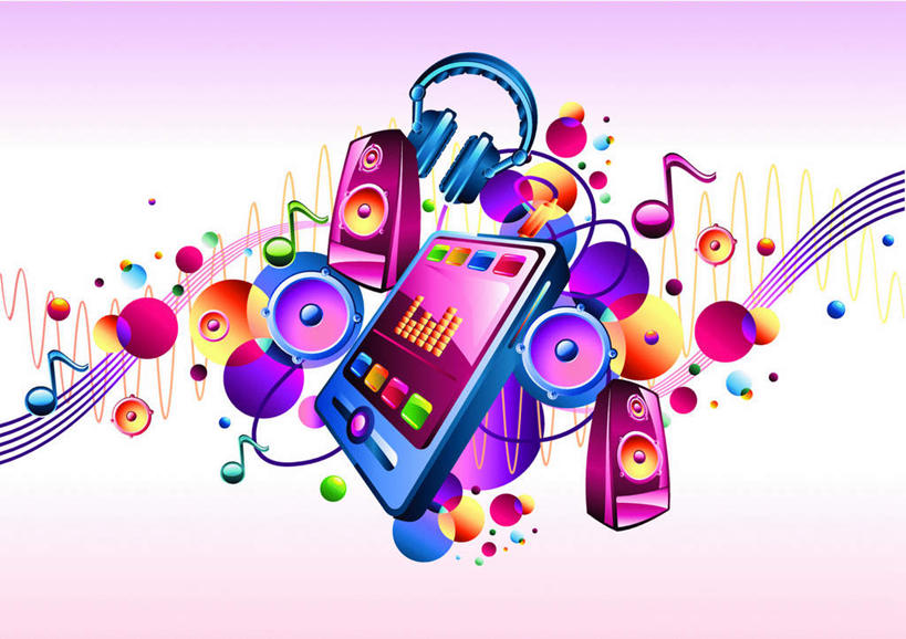 无人,横图,插画,室内,白天,正面,快乐,满意,幸福,显示器,数码,科技,阴影,粉色背景,弯曲,曲线,网络,屏幕,线条,音箱,音响,高光,几何,计算机图形,音乐,合成,图画,娱乐,显示屏,画,两个,耳机,享受,休闲,放松,电脑合成图,数码合成图,舒适,享乐,乐符,音符,漫画,输出设备,写实,具体,具象,彩图