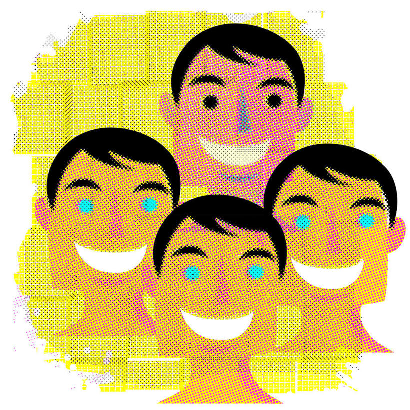 无人,四个人,笑,微笑,露齿笑,方图,插画,室内,特写,白天,背景,白色背景,正面,数码,科技,阴影,网络,高光,几何,计算机图形,合成,图画,画,黄色,欢快,电脑合成图,数码合成图,漫画,写实,具体,具象,欢喜,欢欣,欢畅,直视,男人,男性,年轻男性,半身,彩图,高兴,欢乐