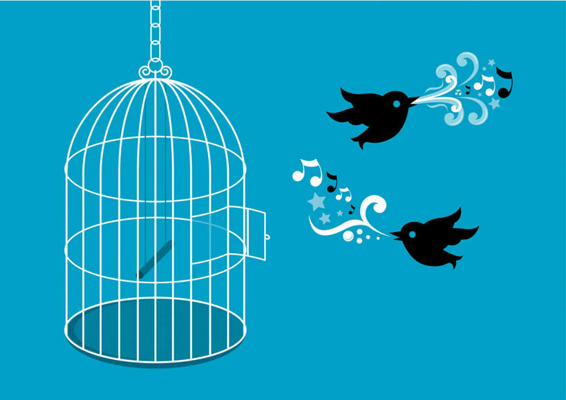 无人,歌唱家,横图,插画,室内,白天,侧面,数码,科技,鸟,飞翔,阴影,蓝色背景,飞行,网络,鸟类,笼子,鸟笼,高光,几何,计算机图形,翱翔,合成,图画,飞,画,两只,唱歌,电脑合成图,数码合成图,音符,演唱,漫画,写实,具体,具象,歌手,彩图,全身