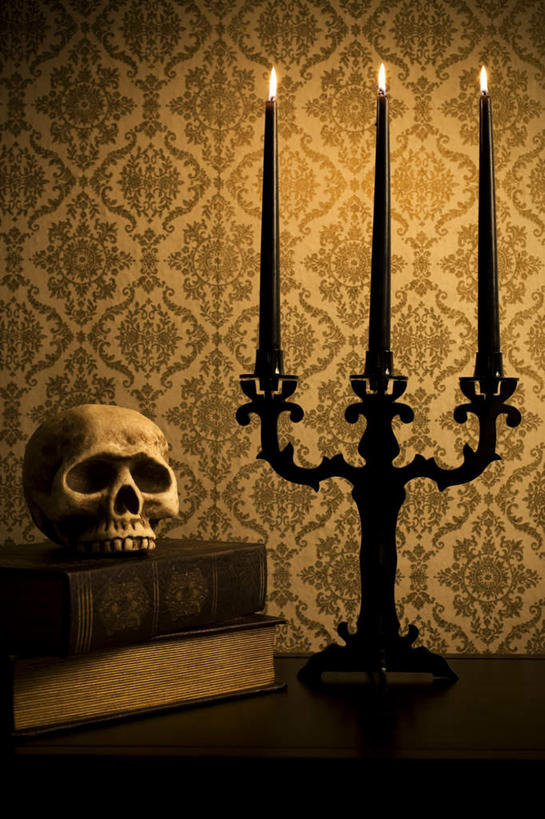 颅骨,无人,竖图,室内,特写,白天,正面,静物,蜡烛,书籍,一排,整齐,火焰,骷髅,烛光,墙,燃烧,墙壁,墙面,排列,一个,点燃,单个,诡异,恐怖,队列,可怕,可骇,鼻骨,顶骨,额骨,颞骨,下颌骨,颧骨,恐惧,头盖骨,书,图书,彩图