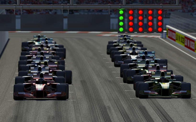 无人,横图,俯视,室外,白天,锻炼,快乐,比赛,运动,竞争,赛车,一排,整齐,指示灯,跑道,娱乐,排列,红色,绿色,休闲,体育运动,队列,一级方程式赛车,赛车场,体育,彩图,高角度拍摄,健身