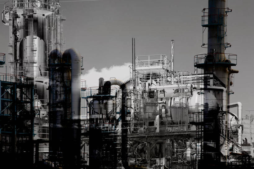 无人,工厂,栏杆,横图,黑白,室外,白天,正面,度假,烟囱,机器,美景,城市风光,城市,景观,围栏,娱乐,护栏,享受,休闲,机械,景色,放松,污染,危害,有害,环境污染,工地,制造厂,大气污染