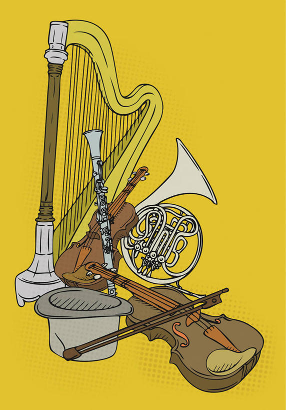 无人,竖图,插画,室内,白天,正面,数码,科技,帽子,许多,阴影,黄色背景,网络,吹奏乐器,单簧管,黑管,乐器,木管乐器,竖琴,铜管乐器,弦乐器,小提琴,圆号,很多,高光,几何,计算机图形,合成,图画,画,遮阳帽,电脑合成图,数码合成图,木管,法国号,合成图,弹拨弦鸣乐器,弓拉弦乐器,弓拉弦鸣乐器,铜管,漫画,写实,具体,具象,一顶,克拉管,乌木棒,彩图,弹拨弦乐器
