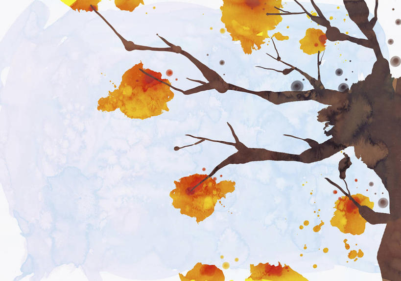无人,横图,室内,白天,正面,绘画,秋季,植物,叶子,艺术,枯叶,落叶,枝条,古典,文化,树,树木,树枝,蓝色,绿色,蓝天,天空,自然,工艺品,天,品味,生长,成长,美术,水彩,水彩画,高雅,美学,虬枝,枝杈,叶,叶片,秋,秋天,彩图
