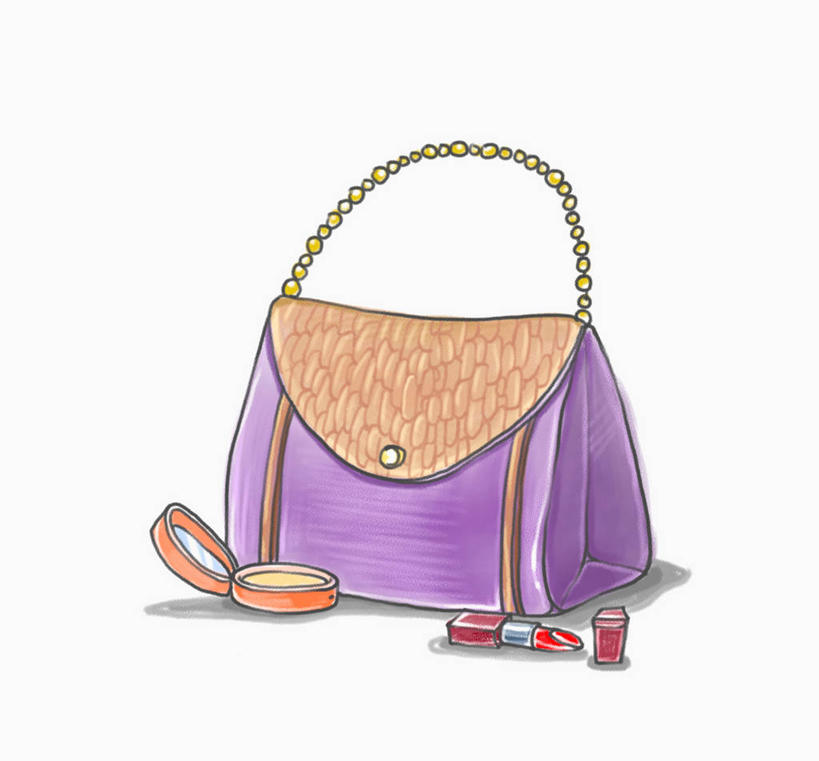 无人,横图,插画,室内,白天,白色背景,正面,数码,科技,阴影,网络,包,皮包,高光,几何,计算机图形,合成,图画,画,一个,紫色,白色,唇膏,粉扑,化妆品,口红,单个,单肩包,电脑合成图,数码合成图,美容工具,合成图,化妆用品,漫画,化妆工具,写实,具体,具象,唇棒,彩图