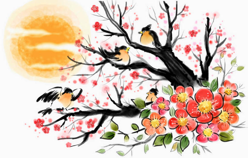 无人,站,横图,插画,室内,白天,白色背景,正面,数码,科技,太阳,植物,鸟,喜鹊,叶子,春节,四只,阴影,节日,庆祝,盛开,光线,网络,鸟类,影子,绿叶,枝条,贺卡,高光,几何,计算机图形,祝福,合成,花蕾,图画,注视,文化,画,花,花瓣,花朵,鲜花,树,树木,树枝,绿色,阳光,自然,卡片,花苞,花蕊,观察,看,站着,庆典,嫩叶,生长,成长,观看,纪念,电脑合成图,数码合成图,察看,合成图,关注,礼仪,漫画,祝愿,写实,具体,具象,长尾巴郎,灰喜鹊,蓝膀香鹊,鸢喜鹊,虬枝,枝杈,叶,叶片,站立,彩图,全身