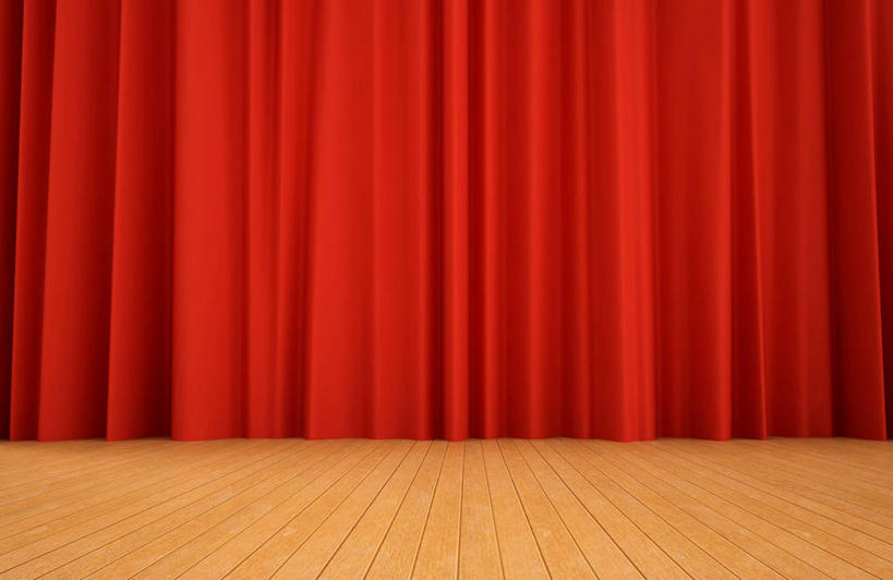 无人,舞台,横图,室内,白天,正面,地板,剧院,地面,木地板,红色,帷幕,帷幔,幕布,幕帘,帷幔布,表演台,彩图,剧场