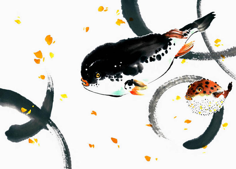 游泳,无人,横图,室内,白天,白色背景,侧面,绘画,两条,艺术,盛开,鱼,古典,花蕾,注视,文化,鱼类,海洋生物,花,花瓣,花朵,鲜花,工艺品,花苞,花蕊,观察,看,品味,橙色,观看,美术,察看,高雅,关注,水生动物,国画,水墨画,水生物,海底动物,大斑刺鲀,美学,泅水,水墨,刺乖,刺黾,刺鲀,密斑刺魨,拍浮,彩图,全身