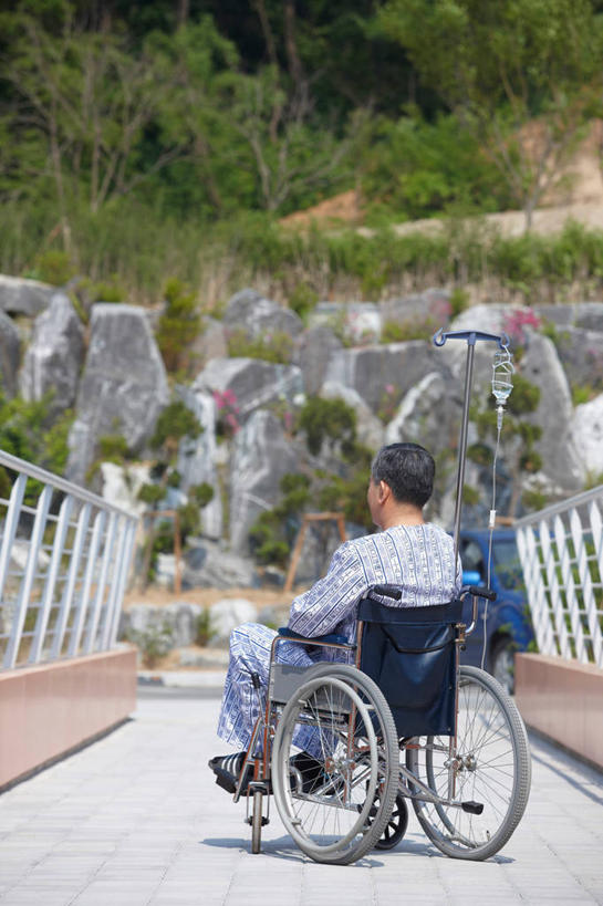 东方人,一个人,栏杆,坐,竖图,室外,白天,草地,草坪,山,山脉,植物,亚洲,仅一个男性,仅一个人,一辆,阴影,光线,工具,影子,山峰,围栏,山峦,黄种人,护栏,草,背面,绿色,阳光,轮椅,群山,复健,仅一个老年男性,康复,器械,医疗设备,病服,医疗器械,医疗工具,病号服,辅助设备,老年男性,男人,男性,亚洲人,坐着,彩图,全身,病患服,病人服,病员服
