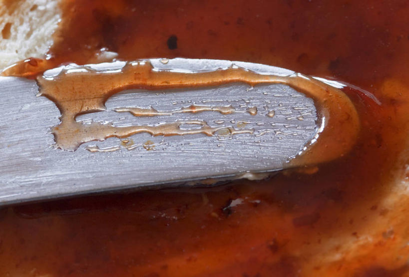 无人,横图,室内,特写,白天,正面,餐具,一把,阴影,反射,粘稠,工具,影子,刀具,刀,果酱,餐刀,黏稠,果子酱,浓厚,彩图