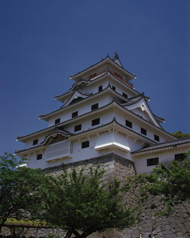 无人,竖图,室外,白天,仰视,旅游,度假,名胜古迹,植物,标志建筑,地标,建筑,日本,亚洲,阴影,遗迹,光线,瓦片,影子,堡垒,城堡,屋顶,顶棚,瓦,古迹,文物,娱乐,建设,古建筑,树,树木,蓝色,绿色,蓝天,天空,阳光,自然,天,享受,休闲,旅游胜地,放松,建造,生长,晴朗,成长,要塞,古文明,东亚,屋瓦,万里无云,日本国,九州本岛,九州,九州岛,佐贺,佐贺县,九州地方,设防,唐津,晴空,晴空万里,彩图,低角度拍摄,唐津市,唐津城,舞鹤城